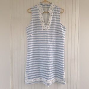 Eliza J Blue White Striped Linen Blend Sleeveless Eyelet Dress Size 12